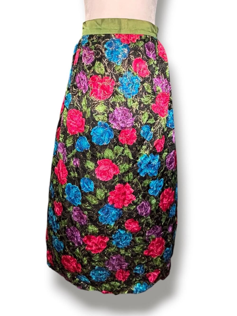 Vintage Dark Floral Brocade Half Apron Metallic Rose Olive Satin Tie Cottagecore